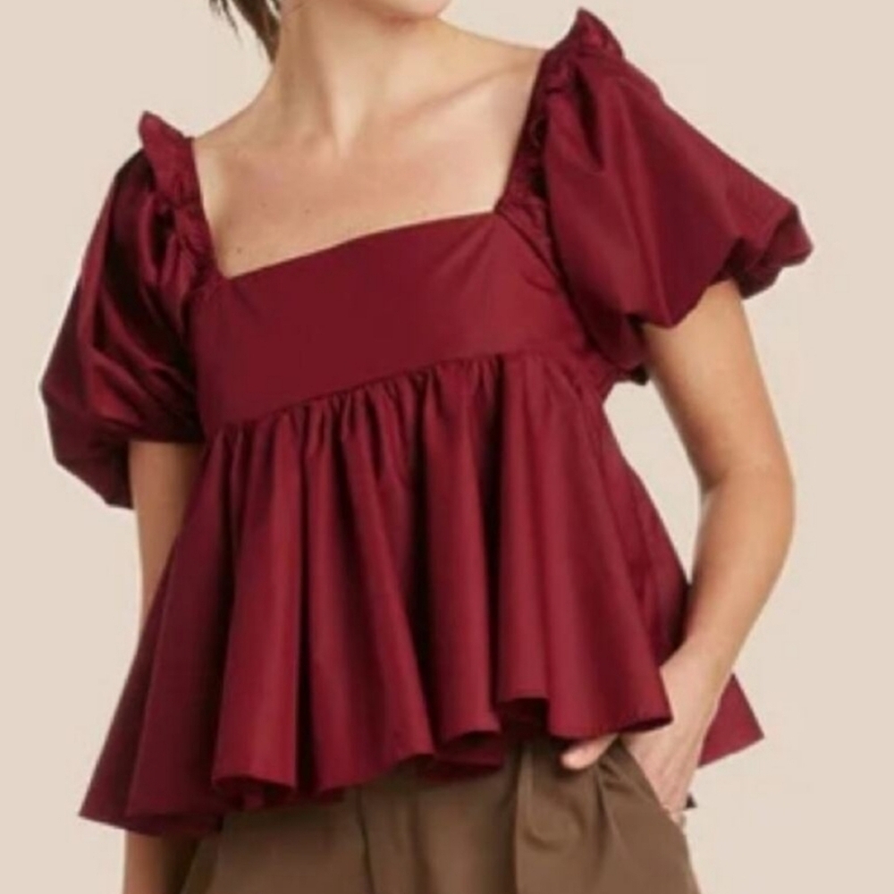 En Saison Burgundy Babydoll Cropped Puff Sleeve Square Neck Boho Top Size M